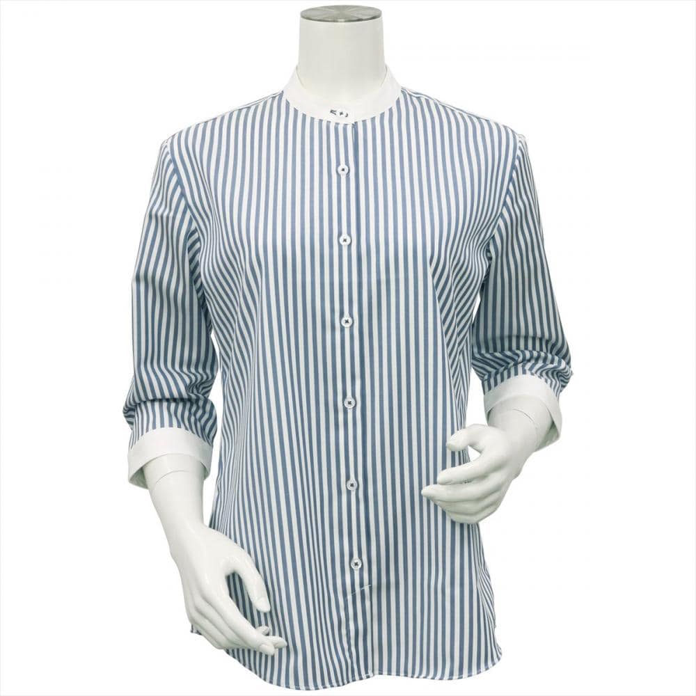 【SUPIMA】 スタンド 七分袖 形態安定 レディースシャツ 綿100%