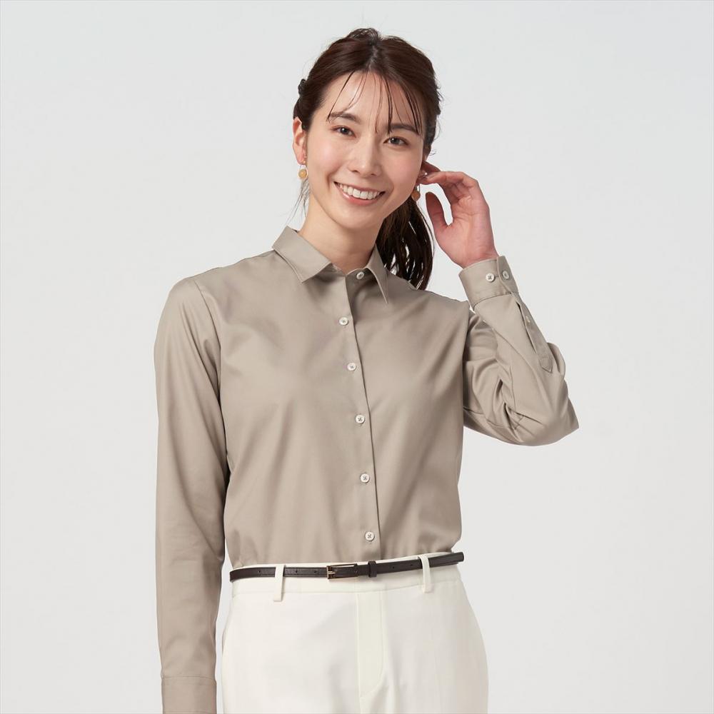 レギュラー 長袖 形態安定 レディースシャツ 綿100%(S ブラウン): 東京