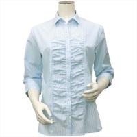 レディース 七分袖 形態安定 デザインシャツ スキッパー衿 白×サックスストライプ