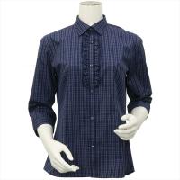 レディース 七分袖 形態安定 フリル付 デザインシャツ レギュラー衿 ネイビー×ブルーチェック