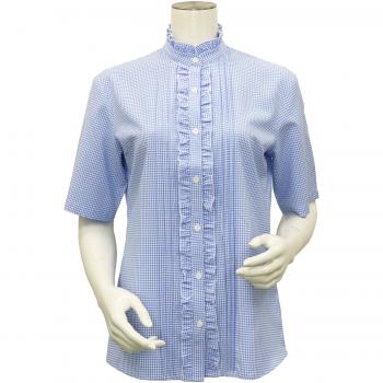 レディース 五分袖 形態安定 フリル付 デザインシャツ スタンド衿 白×サックスチェック