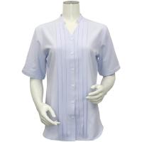 レディース 五分袖 形態安定 デザインシャツ ヘンリーネック サックス×斜めストライプ織柄