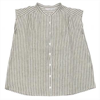 レディースシャツ カジュアル フレンチスリーブ スタンド衿 麻100% 白×カーキストライプ