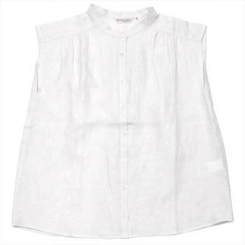 レディースシャツ カジュアル フレンチスリーブ スタンド衿 麻100% 白×無地調