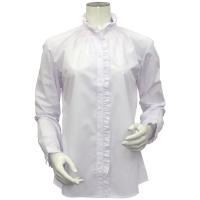 レディース 長袖 形態安定 フリル付 デザインシャツ スタンド衿 白×ピンクストライプ、織柄