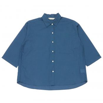 レディース カジュアル 七分袖 ゆるシャツ ステンカラー ブルー×無地調