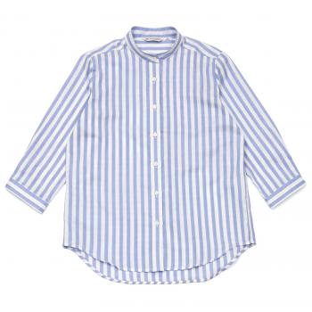 レディースシャツ カジュアル 七分袖 形態安定 やわらかガーゼ スタンド衿 綿100% 白×ブルーストライプ