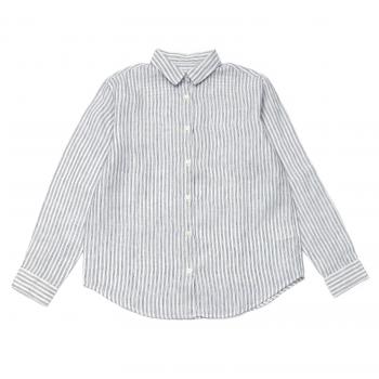 レディースシャツ カジュアル 長袖 レギュラー衿 麻100% 白×ブルーストライプ