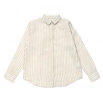 レディースシャツ カジュアル 長袖 レギュラー衿 麻100% 白×ベージュストライプ