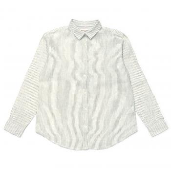 レディースシャツ カジュアル 長袖 レギュラー衿 麻100% 白×グリーンストライプ