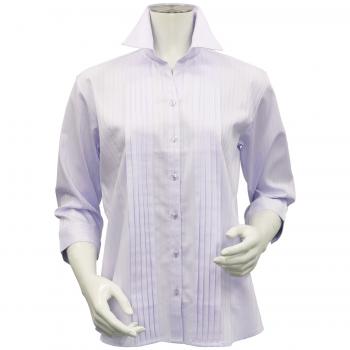 レディース 七分袖 形態安定 デザインシャツ スキッパー衿 綿100% パープル×ストライプ織柄