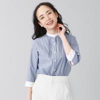 レディース 七分袖 形態安定 デザインシャツ クレリック スタンド衿 綿100% ブルー×白ストライプ