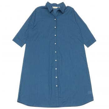 レディース カジュアル 七分袖 ロングシャツ スキッパー衿 ブルー×無地調