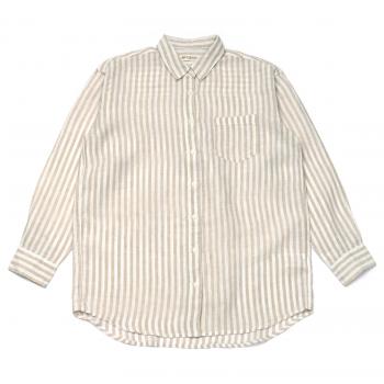レディースシャツ カジュアル 長袖 ゆるシルエット レギュラー衿 麻100% 白×ベージュストライプ