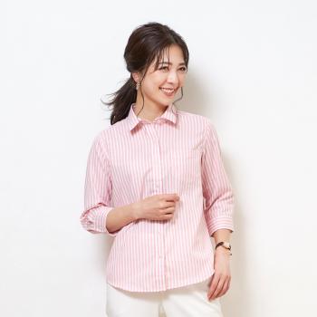 レディースシャツ カジュアル 七分袖 形態安定 やわらかガーゼ レギュラー衿 綿100% ピンク×白ストライプ