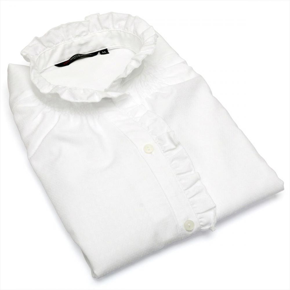 【フリル・デザイン】 スタンド 長袖 形態安定 レディースシャツ