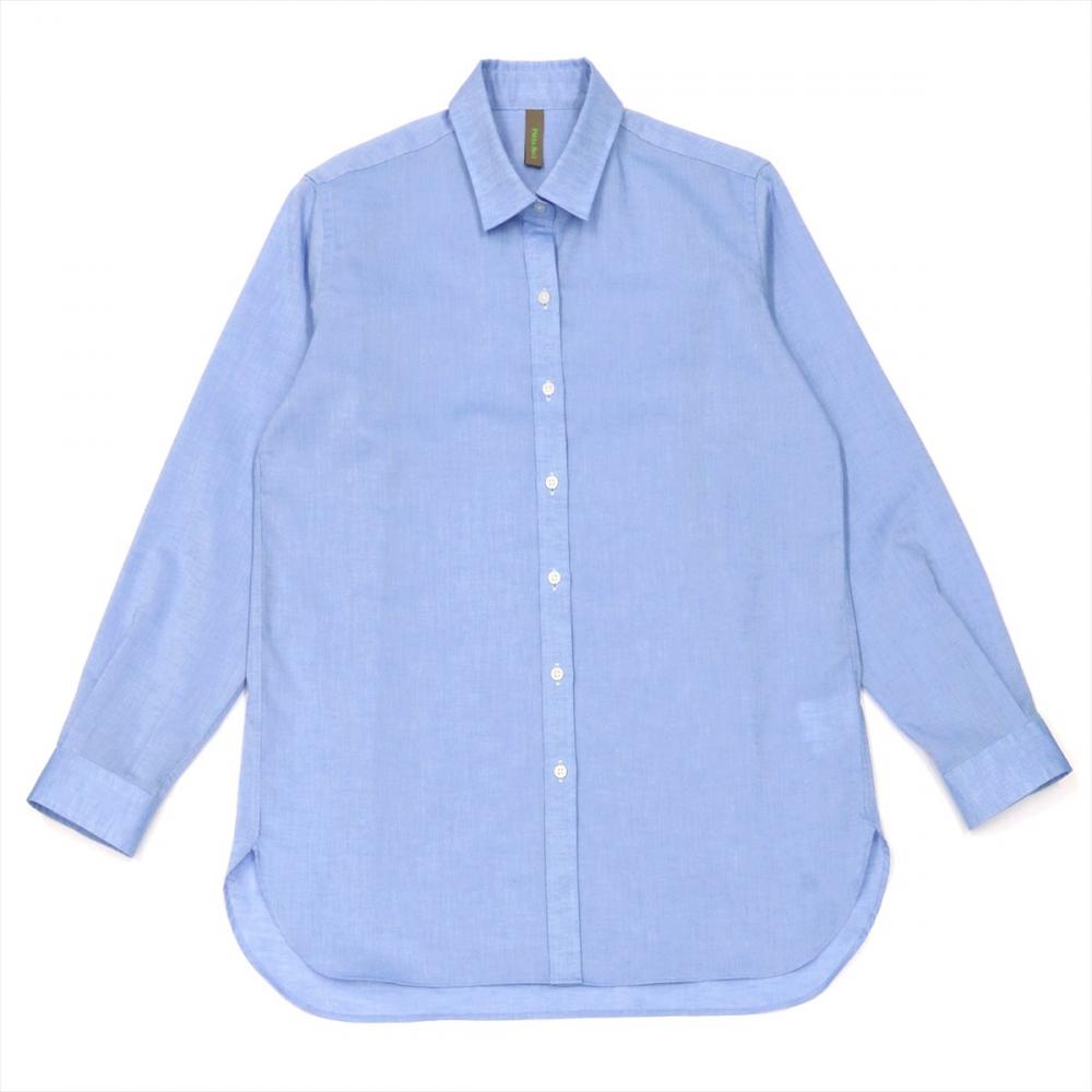 カジュアルシャツ ラウンドテール 長袖 形態安定 ブルー系 レディース