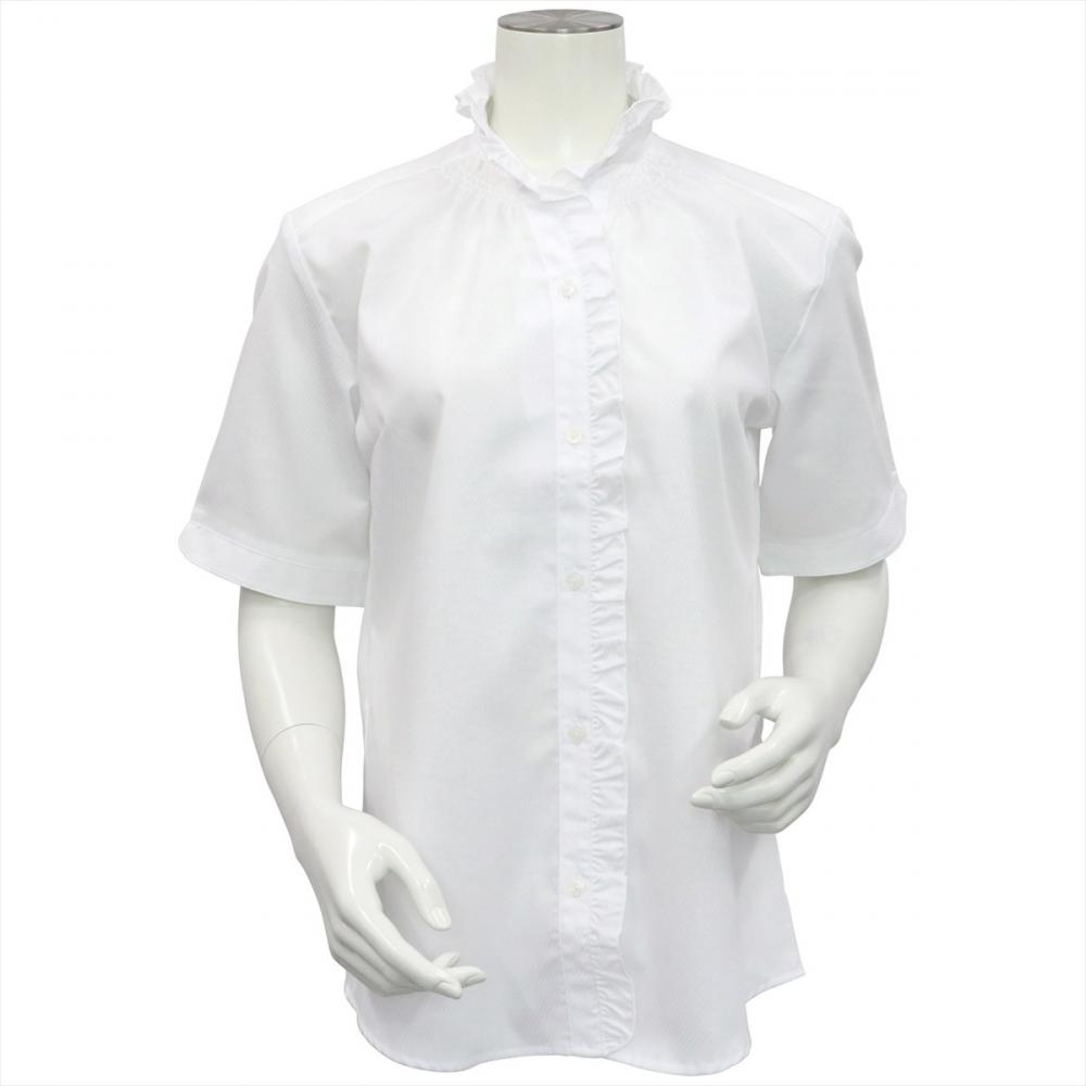 【フリル・デザイン】 スタンド 五分袖 形態安定 レディースシャツ