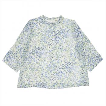 カジュアルシャツ 花柄フリルネックブラウス 七分袖  ブルー系 レディース