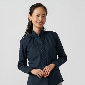 【フリル・デザイン】 スタンド 長袖 形態安定 レディースシャツ