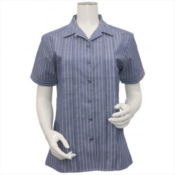 レディースシャツ 半袖 形態安定 デザインシャツ ハマカラー ネイビー×白ストライプ