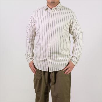 メンズ カジュアルシャツ 長袖 ショート ワイド 綿100% ドビー 白×ネイビーストライプ