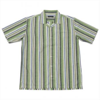 メンズ カジュアルシャツ 半袖 オープンカラー 麻混 グリーン系マルチストライプ