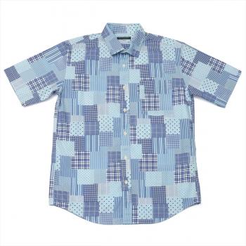 メンズ カジュアルシャツ 半袖 ショート ワイド 綿100% プリント ブルー系パッチワーク