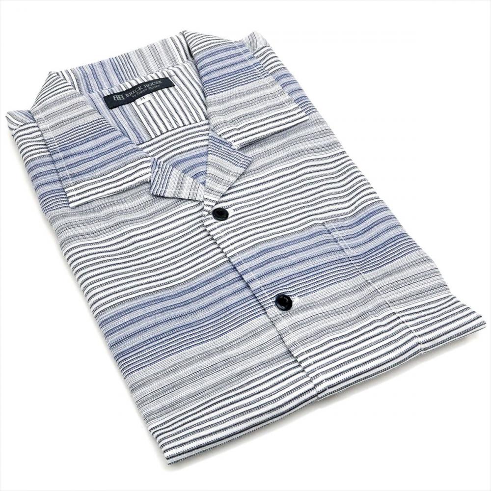 メンズ カジュアルシャツ 半袖 オープンカラー 綿100 ブルー系ボーダーストライプ S ブルー 形態安定ワイシャツ専門店 ブリックハウスby東京 シャツ 公式通販