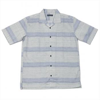 メンズ カジュアルシャツ 半袖 オープンカラー 綿100% ブルー系ボーダーストライプ