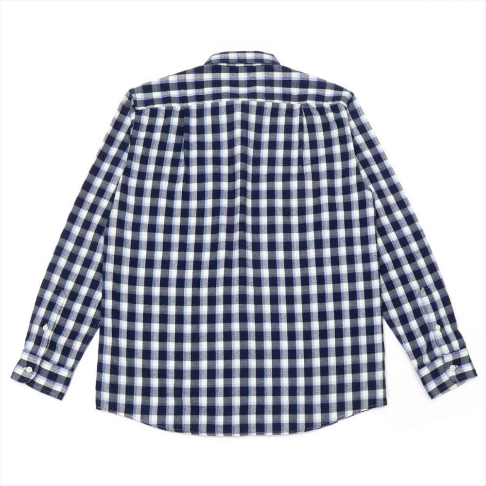 メンズ カジュアルシャツ 長袖 ショート ワイド 綿100% 白×ネイビー、ブルーチェック