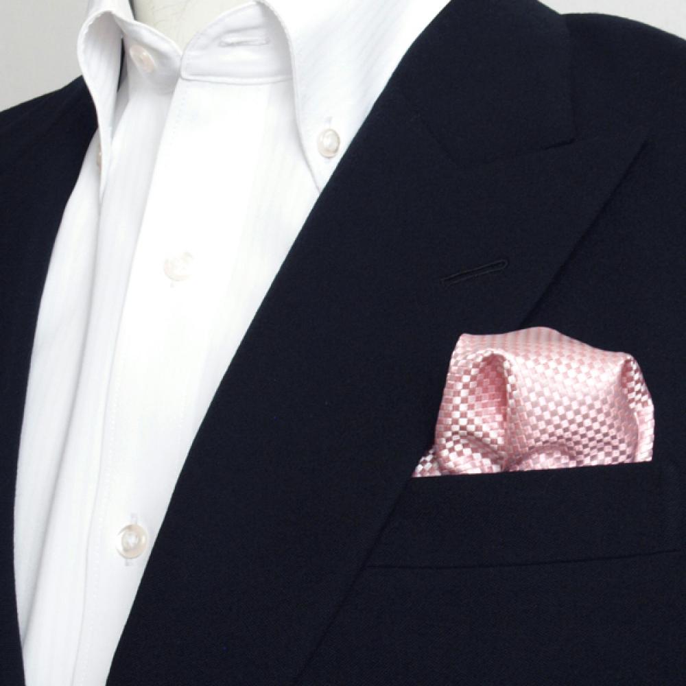 ポケットチーフ　ビジネス　フォーマル　絹100% ピンク バスケット織柄