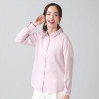 レディースシャツ カジュアル 長袖 形態安定 やわらかガーゼ レギュラー衿 綿100% ピンク×白、サックスストライプ