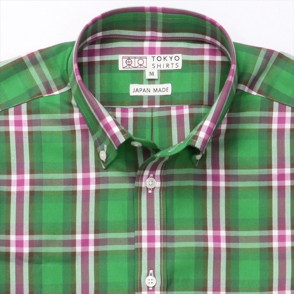 【受注生産】 メンズ カジュアルシャツ 長袖 しゃれシャツ ショート ボタンダウン 綿100% グリーン系チェック スリム