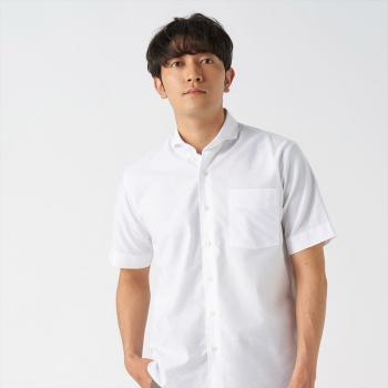 【Pitta Re:)】 ホリゾンタルワイド ラウンドテール 半袖 形態安定 ワイシャツ 綿100%